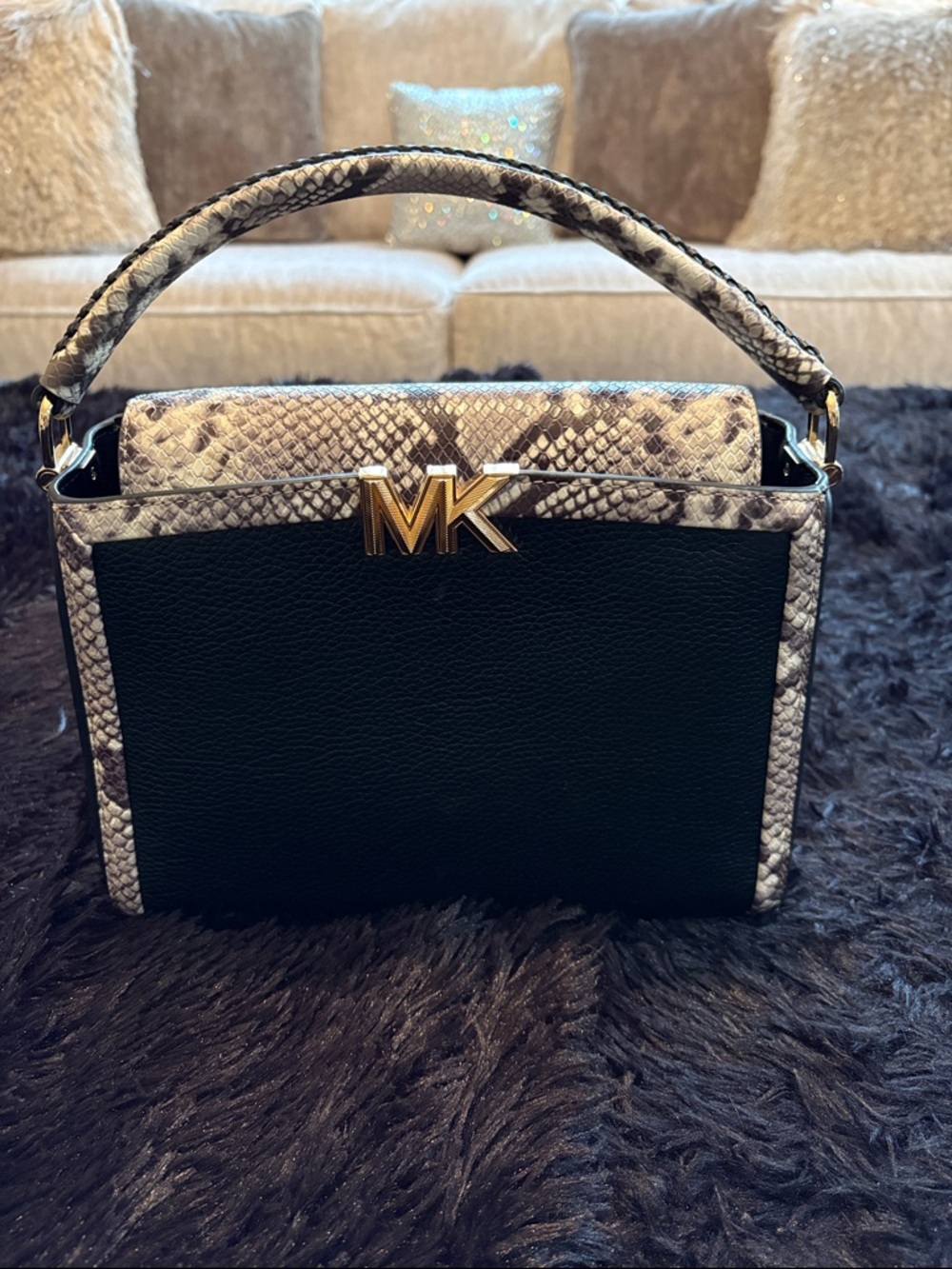 Michael Kors Black & Snake-Print Top-Handle Satchel with Gold MK Logo